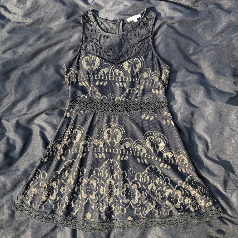 Rebellion black crocheted, partially see-through dress w nude lining |Size Large